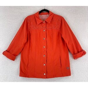 Quacker Factory Jacket Womens Large Orange Button Front Bedazzled Long‎ Sleeve